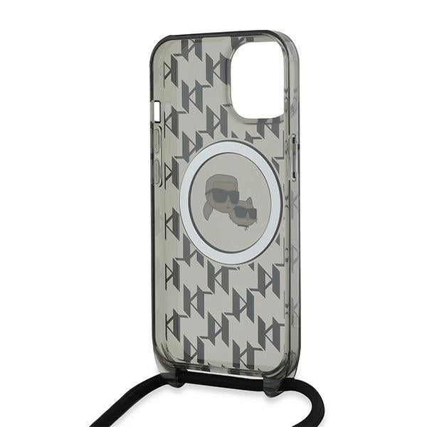 Калъф MagSafe за Apple iPhone 15, Karl Lagerfeld, IML Crossbody Monogram Karl & Choupette's Heads, Черен