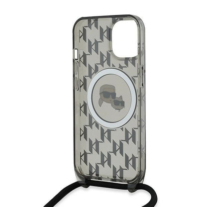 Калъф MagSafe за Apple iPhone 15, Karl Lagerfeld, IML Crossbody Monogram Karl & Choupette's Heads, Черен