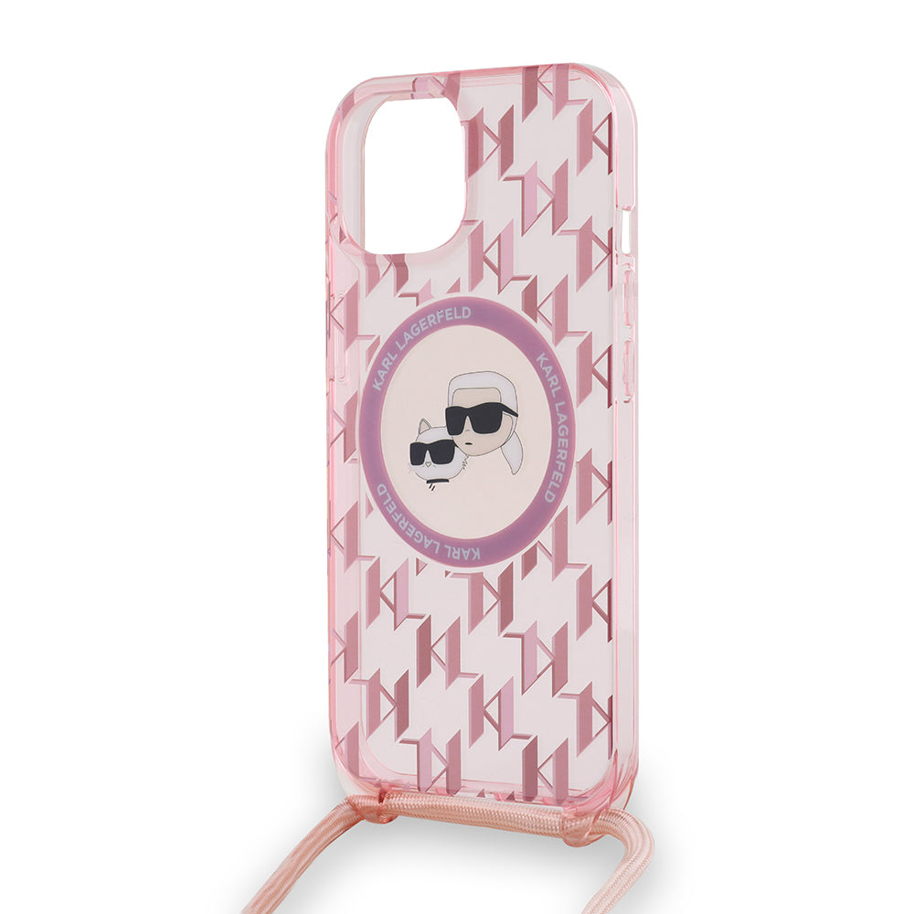 Калъф MagSafe за Apple iPhone 15, Karl Lagerfeld, IML Crossbody Monogram Karl & Choupette's Heads, Розов