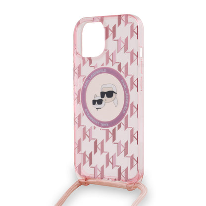 Калъф MagSafe за Apple iPhone 15, Karl Lagerfeld, IML Crossbody Monogram Karl & Choupette's Heads, Розов