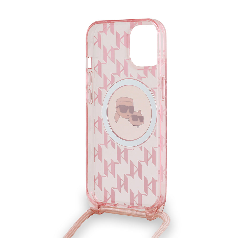 Калъф MagSafe за Apple iPhone 15, Karl Lagerfeld, IML Crossbody Monogram Karl & Choupette's Heads, Розов