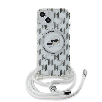 Калъф MagSafe за Apple iPhone 15, Karl Lagerfeld, IML Crossbody Monogram Karl & Choupette's Heads, Прозрачен