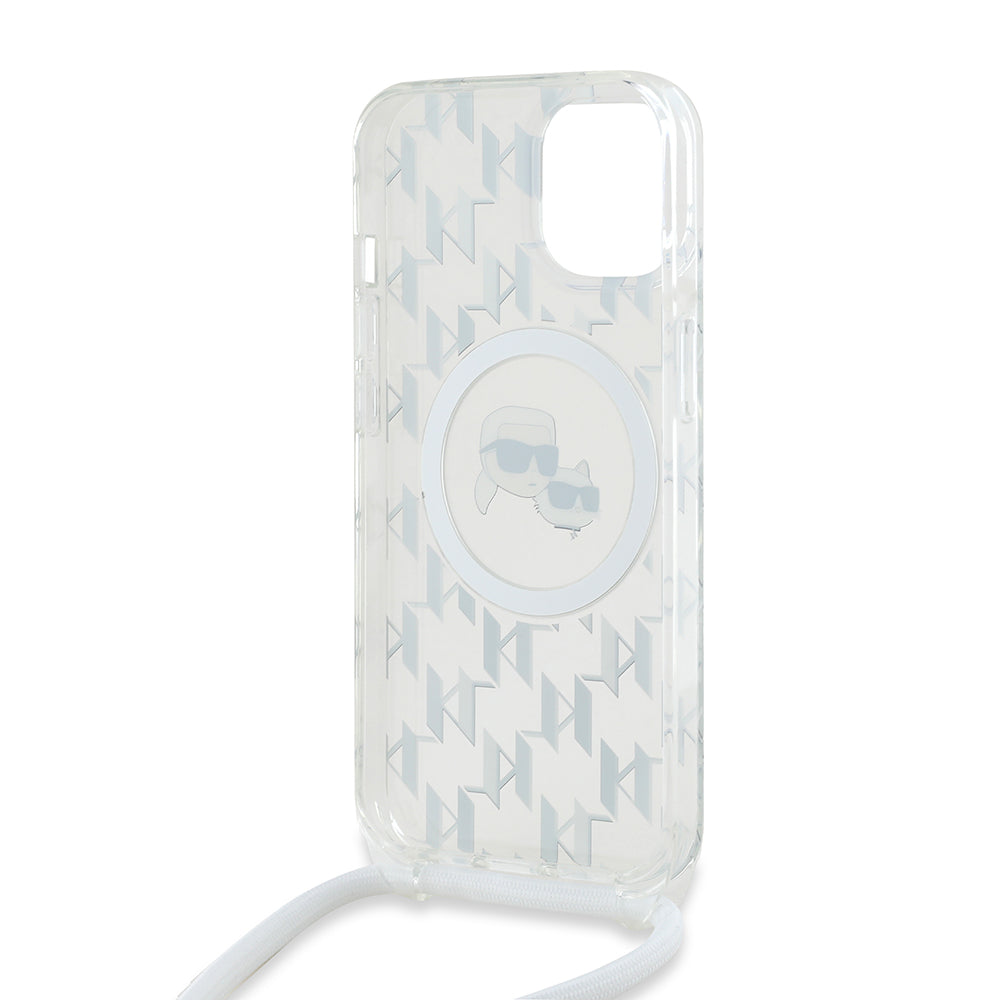 Калъф MagSafe за Apple iPhone 15, Karl Lagerfeld, IML Crossbody Monogram Karl & Choupette's Heads, Прозрачен