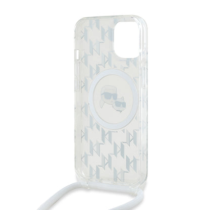 Калъф MagSafe за Apple iPhone 15, Karl Lagerfeld, IML Crossbody Monogram Karl & Choupette's Heads, Прозрачен