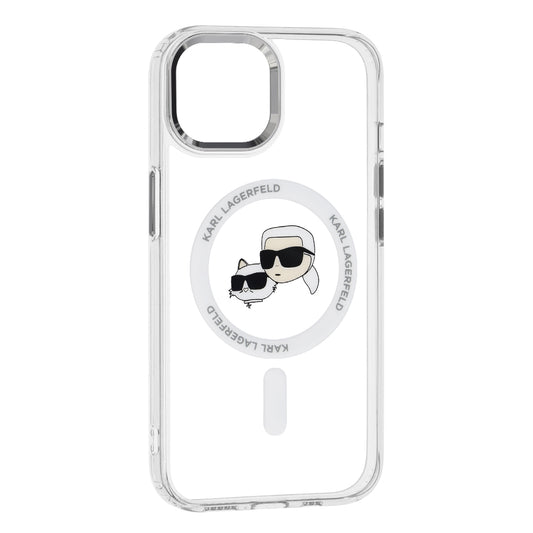 Калъф MagSafe за Apple iPhone 15, Karl Lagerfeld, IML Metal Karl & Choupette's Heads, Бял