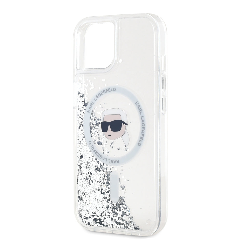 Калъф MagSafe за Apple iPhone 15, Karl Lagerfeld, Liquid Glitter Karl's Head, Прозрачен
