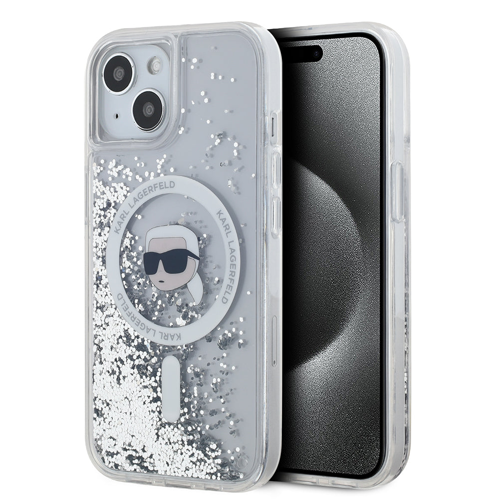 Калъф MagSafe за Apple iPhone 15, Karl Lagerfeld, Liquid Glitter Karl's Head, Прозрачен