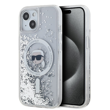 Калъф MagSafe за Apple iPhone 15, Karl Lagerfeld, Liquid Glitter Karl's Head, Прозрачен