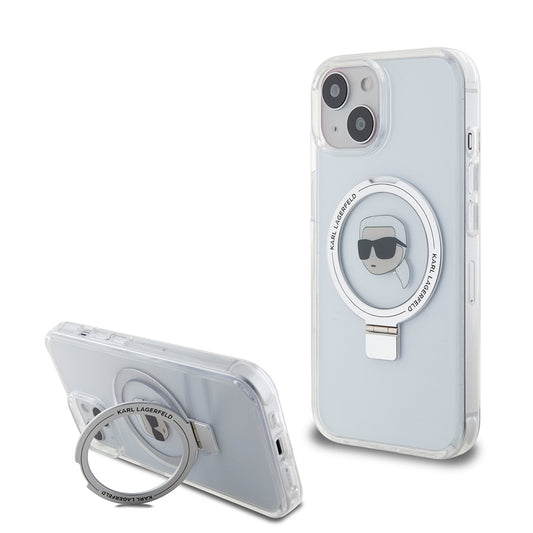 Калъф MagSafe за Apple iPhone 15, Karl Lagerfeld, Ring Stand Karl's Head, Бял