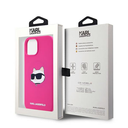 Калъф MagSafe за Apple iPhone 15, Karl Lagerfeld, Силиконова глава на Choupette, Фуксия
