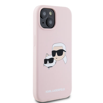 Калъф MagSafe за Apple iPhone 15, Karl Lagerfeld, Силикон Karl & Choupette's Heads, Розов