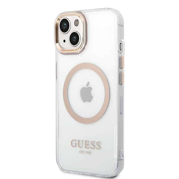 Калъф MagSafe за Apple iPhone 15 Plus, Guess, Metal Outline, Златист