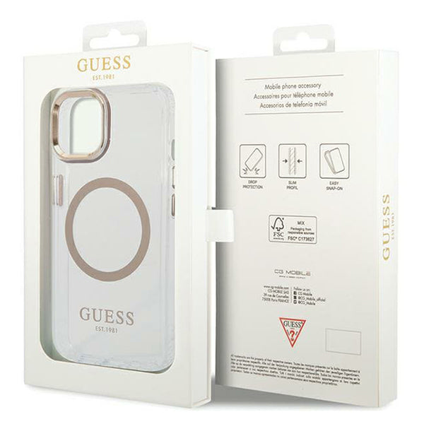 Калъф MagSafe за Apple iPhone 15 Plus, Guess, Metal Outline, Златист