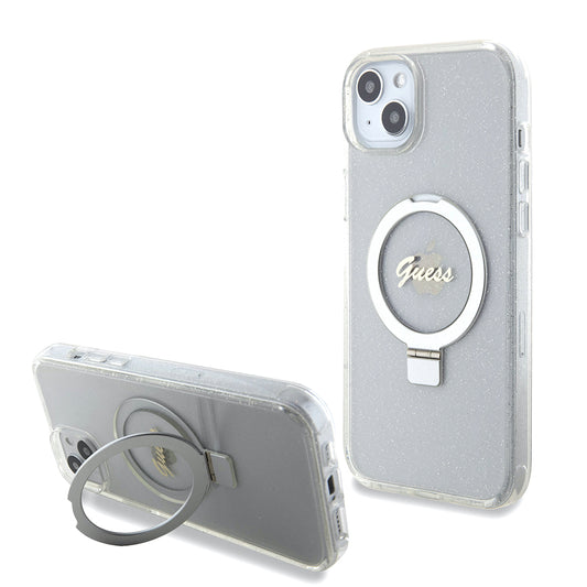 Калъф MagSafe за Apple iPhone 15 Plus, Guess, Ring Stand Script Glitter, Прозрачен
