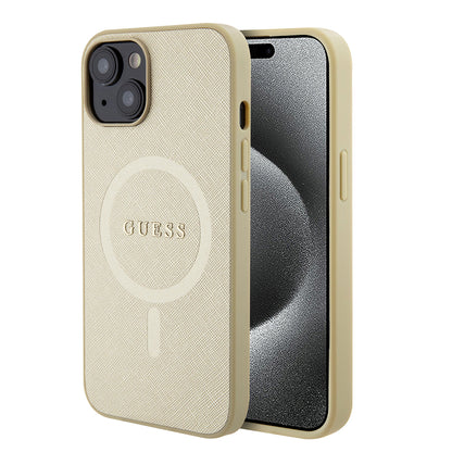 Калъф MagSafe за Apple iPhone 15 Plus, Guess, Saffiano, Златист
