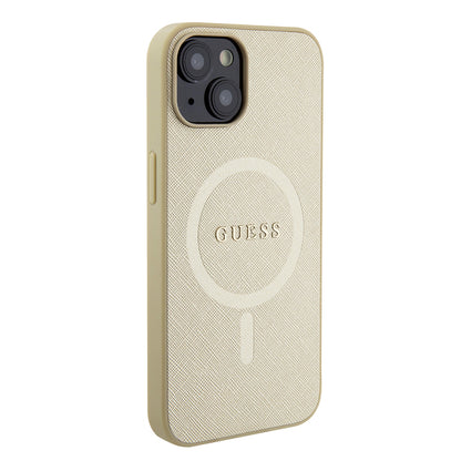 Калъф MagSafe за Apple iPhone 15 Plus, Guess, Saffiano, Златист