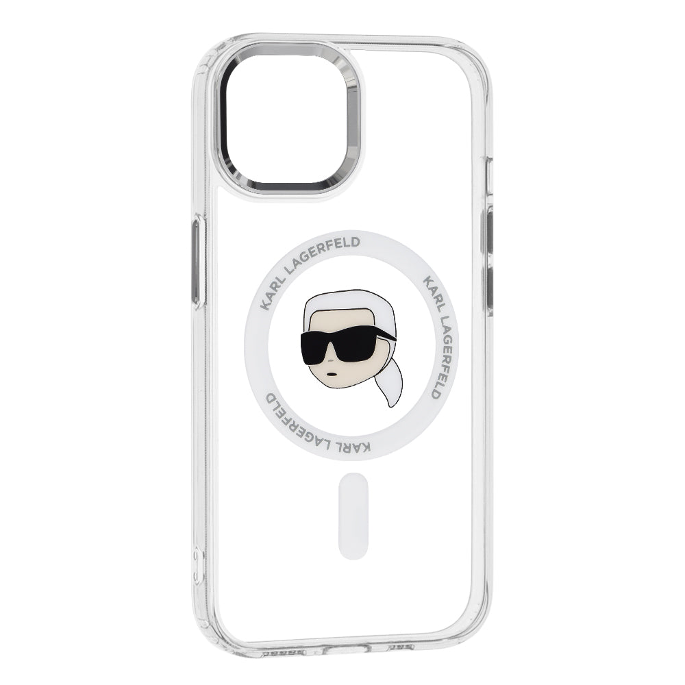 Калъф MagSafe за Apple iPhone 15 Plus, Karl Lagerfeld, IML Metal Karl's Head, Бял