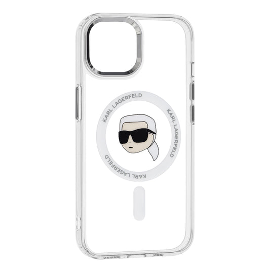 Калъф MagSafe за Apple iPhone 15 Plus, Karl Lagerfeld, IML Metal Karl's Head, Бял