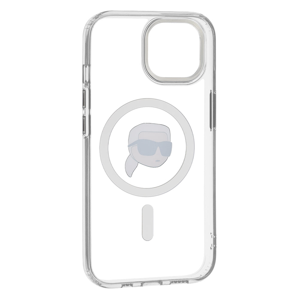 Калъф MagSafe за Apple iPhone 15 Plus, Karl Lagerfeld, IML Metal Karl's Head, Бял