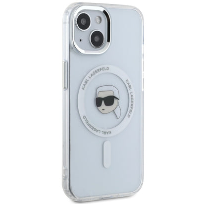Калъф MagSafe за Apple iPhone 15 Plus, Karl Lagerfeld, IML Metal Karl's Head, Бял