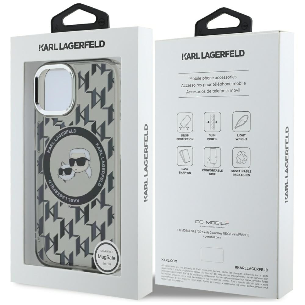 Калъф MagSafe за Apple iPhone 15 Plus, Karl Lagerfeld, IML Monogram Karl & Choupette's Heads, Черен