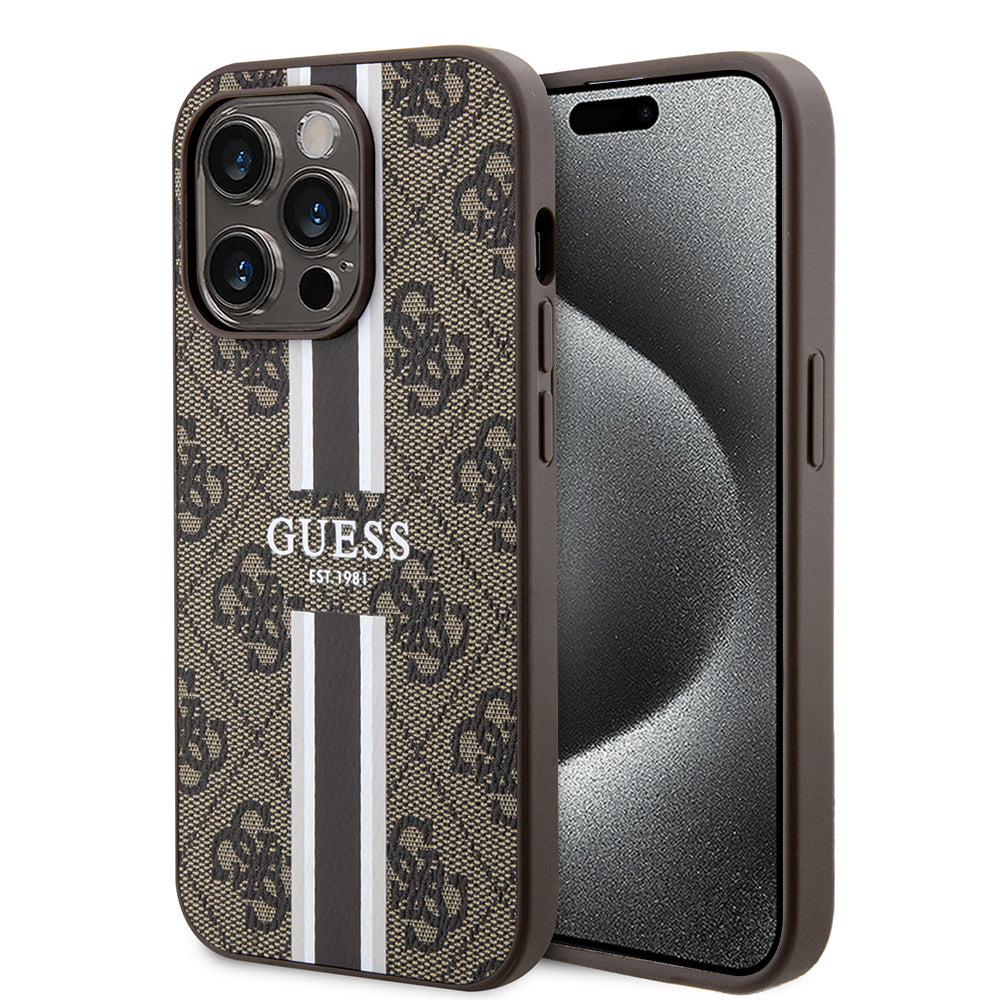 Калъф MagSafe за Apple iPhone 15 Pro, Guess, 4G Printed Stripes, Кафяв