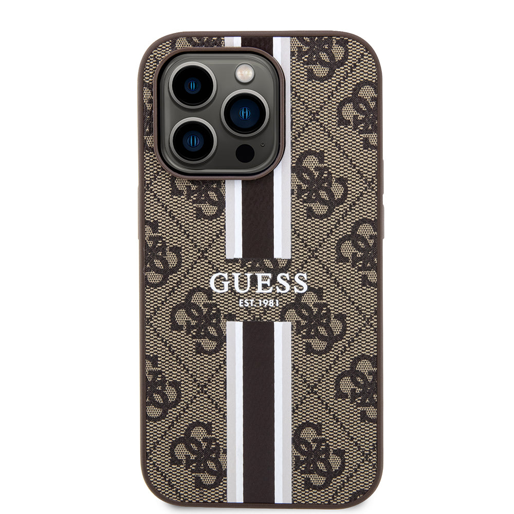 Калъф MagSafe за Apple iPhone 15 Pro, Guess, 4G Printed Stripes, Кафяв