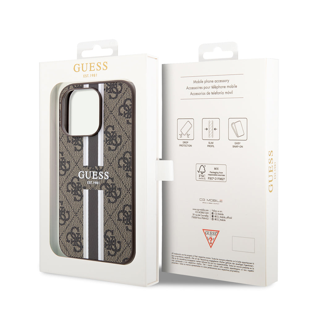 Калъф MagSafe за Apple iPhone 15 Pro, Guess, 4G Printed Stripes, Кафяв