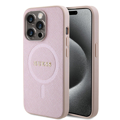 Калъф MagSafe за Apple iPhone 15 Pro, Guess, Saffiano, Розов