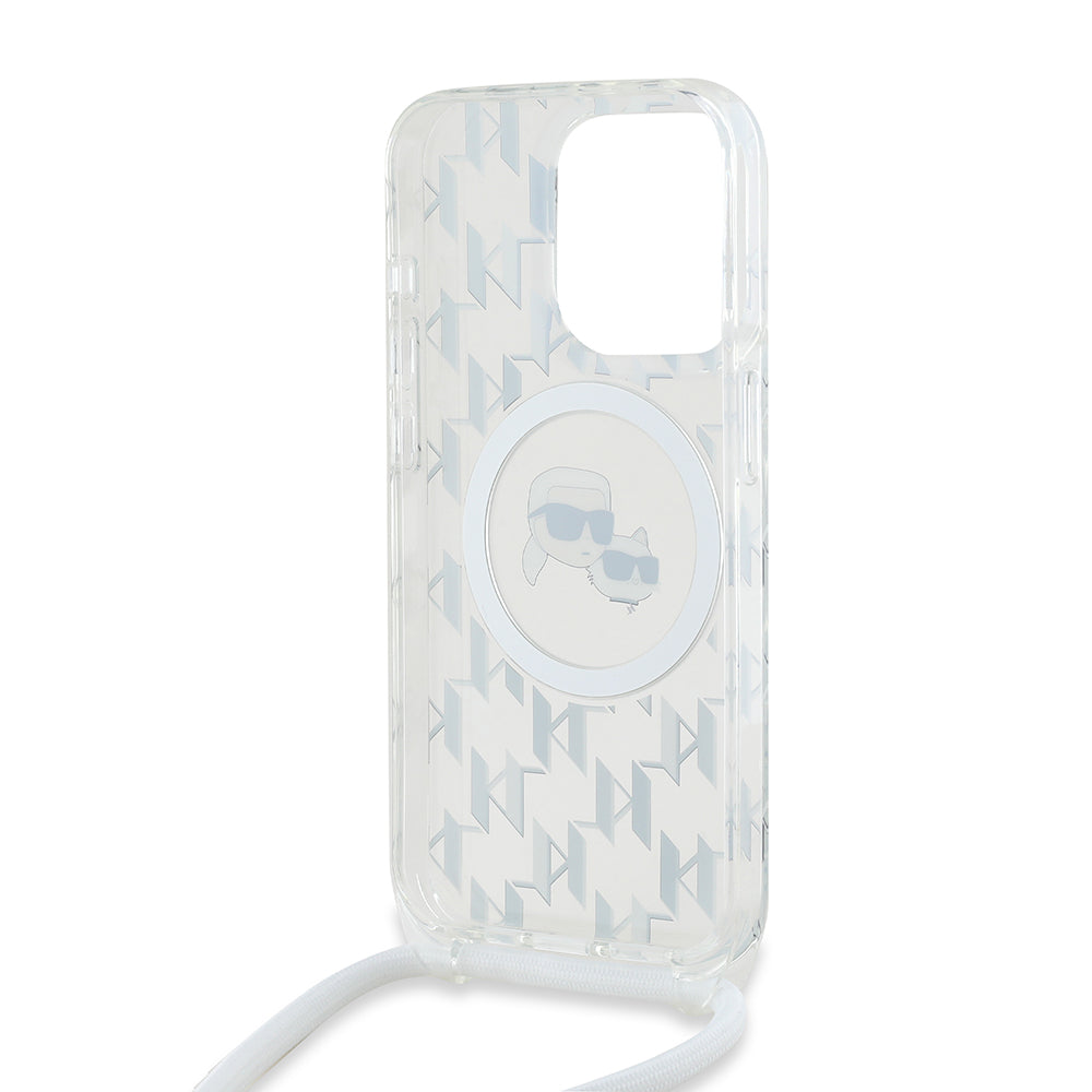 Калъф MagSafe за Apple iPhone 15 Pro, Karl Lagerfeld, IML Crossbody Monogram Karl & Choupette's Heads, Прозрачен