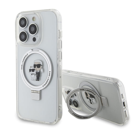 Калъф MagSafe за Apple iPhone 15 Pro, Karl Lagerfeld, Ring Stand Karl & Choupette, Бял
