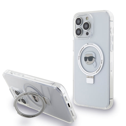Калъф MagSafe за Apple iPhone 15 Pro, Karl Lagerfeld, Ring Stand Karl's Head, Бял