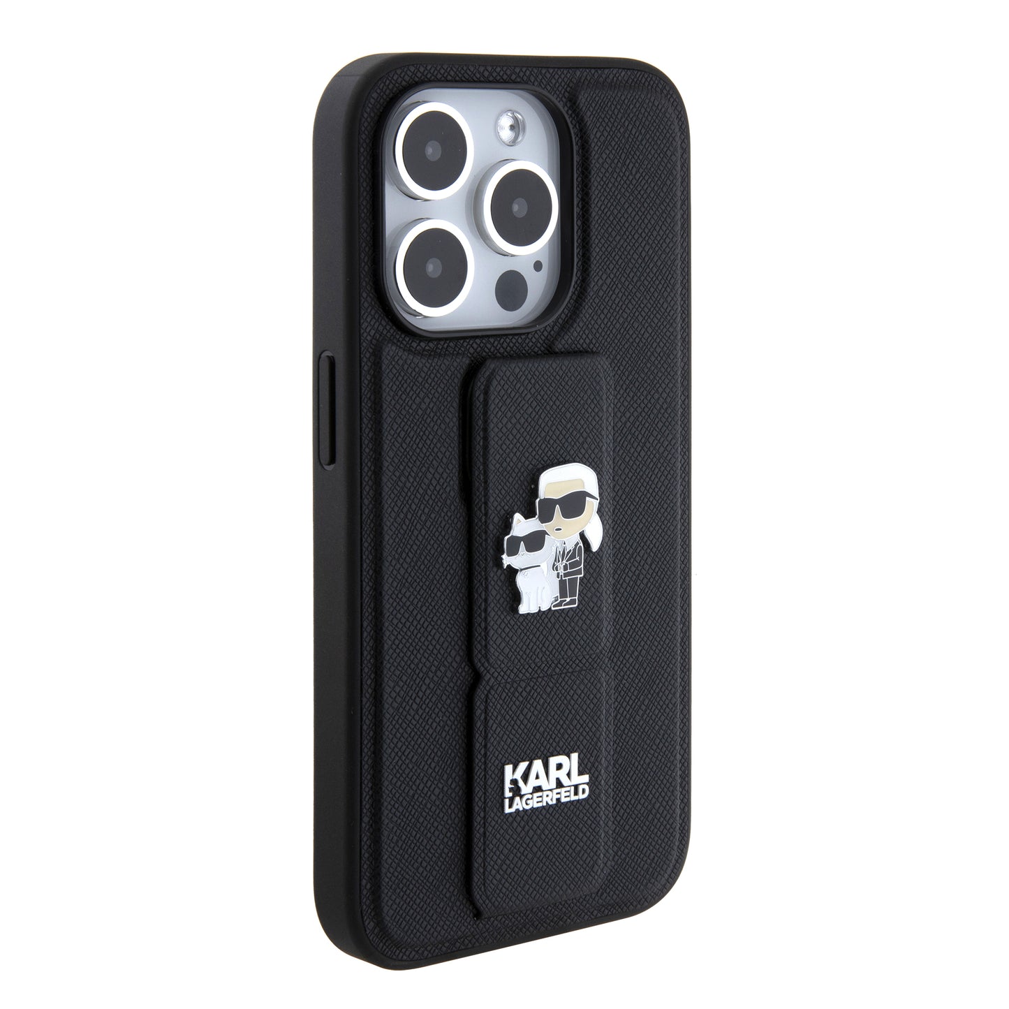 Калъф MagSafe за Apple iPhone 15 Pro, Karl Lagerfeld, Saffiano Gripstand Karl & Choupette, Черен