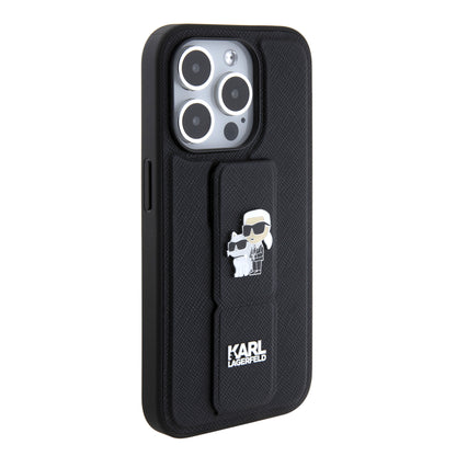 Калъф MagSafe за Apple iPhone 15 Pro, Karl Lagerfeld, Saffiano Gripstand Karl & Choupette, Черен