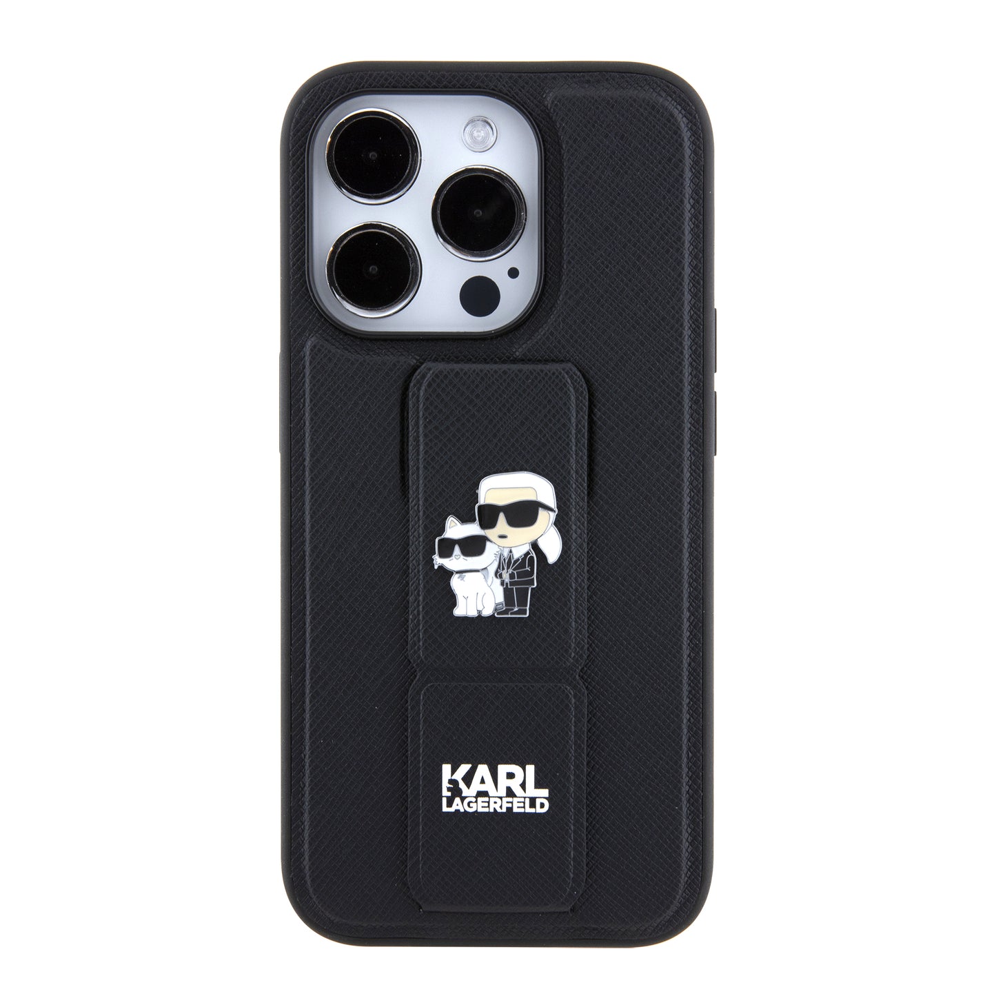 Калъф MagSafe за Apple iPhone 15 Pro, Karl Lagerfeld, Saffiano Gripstand Karl & Choupette, Черен