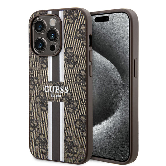 Калъф MagSafe за Apple iPhone 15 Pro Max, Guess, 4G Printed Stripes, Кафяв