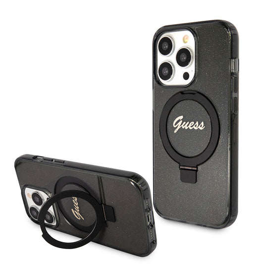Калъф MagSafe за Apple iPhone 15 Pro Max, Guess, IML Ring Stand Glitter, Черен