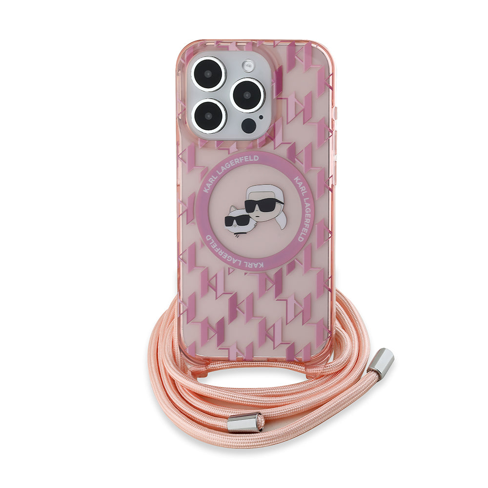 Калъф MagSafe за Apple iPhone 15 Pro Max, Karl Lagerfeld, IML Crossbody Monogram Karl & Choupette's Heads, Розов