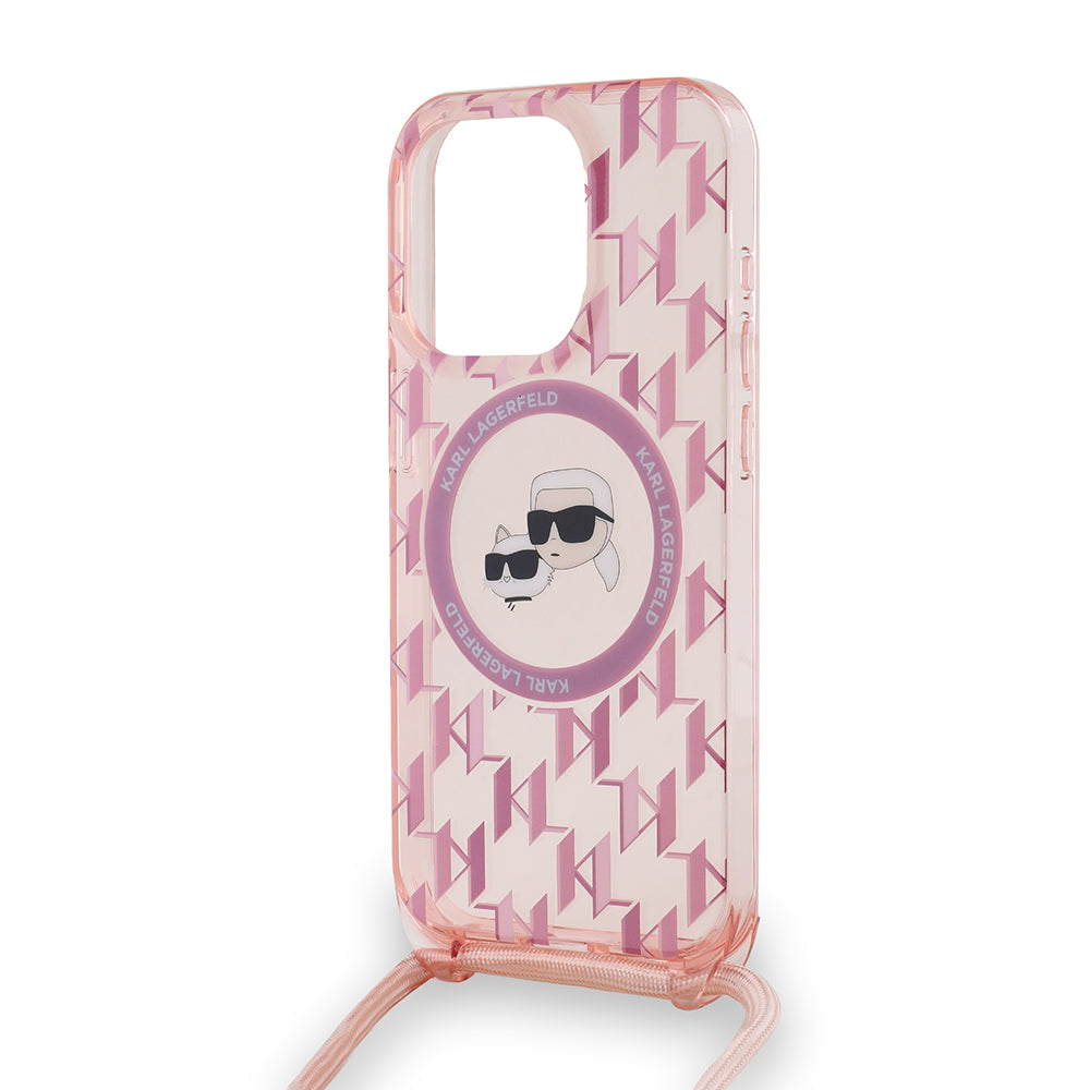 Калъф MagSafe за Apple iPhone 15 Pro Max, Karl Lagerfeld, IML Crossbody Monogram Karl & Choupette's Heads, Розов