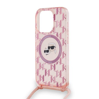 Калъф MagSafe за Apple iPhone 15 Pro Max, Karl Lagerfeld, IML Crossbody Monogram Karl & Choupette's Heads, Розов