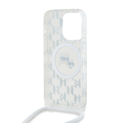 Калъф MagSafe за Apple iPhone 15 Pro Max, Karl Lagerfeld, IML Crossbody Monogram Karl & Choupette's Heads, Прозрачен