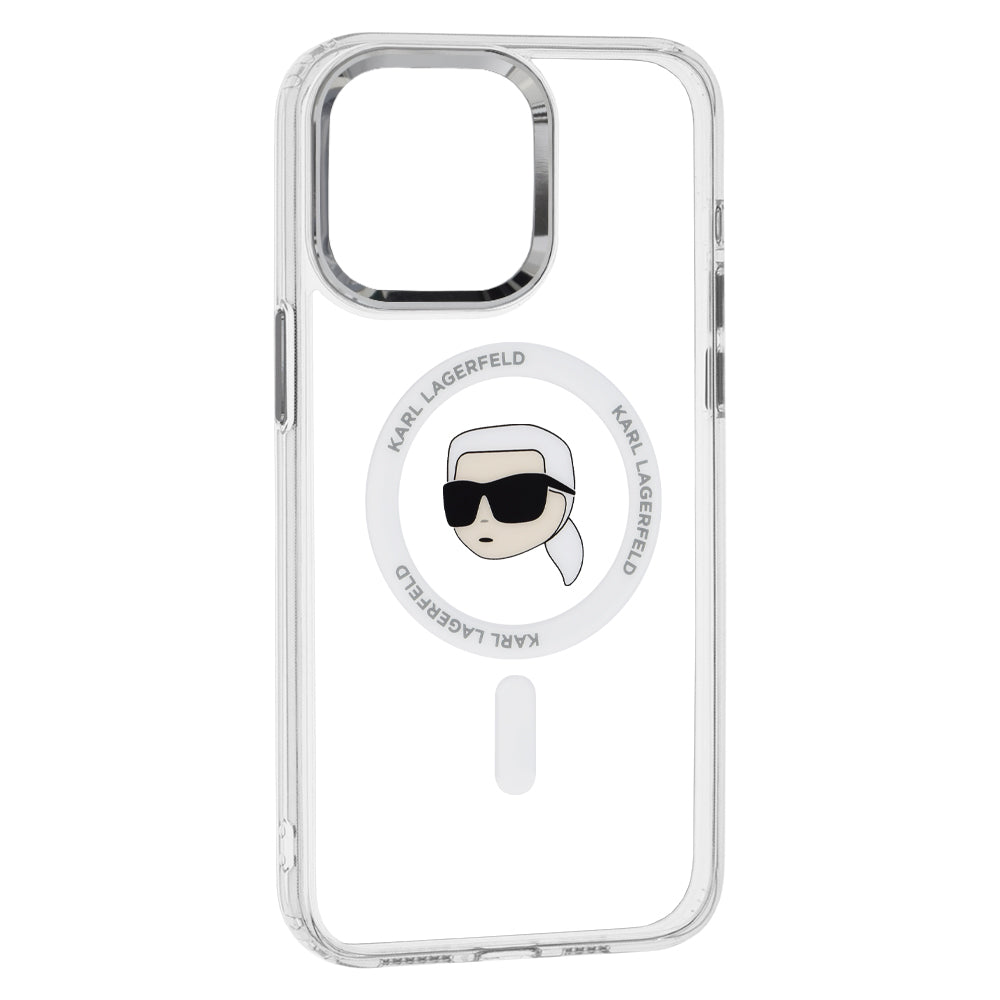 Калъф MagSafe за Apple iPhone 15 Pro Max, Karl Lagerfeld, IML Metal Karl's Head, Бял