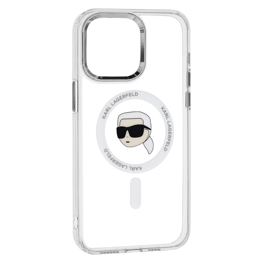 Калъф MagSafe за Apple iPhone 15 Pro Max, Karl Lagerfeld, IML Metal Karl's Head, Бял