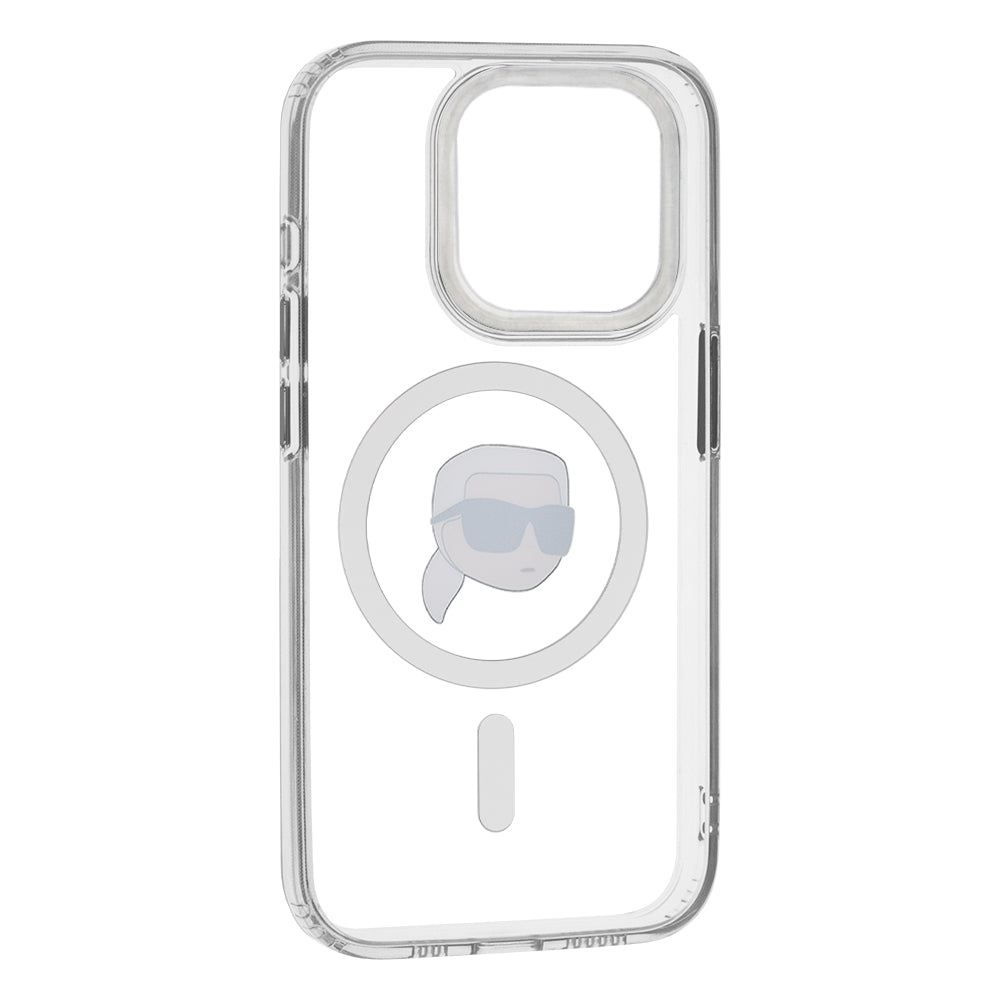 Калъф MagSafe за Apple iPhone 15 Pro Max, Karl Lagerfeld, IML Metal Karl's Head, Бял