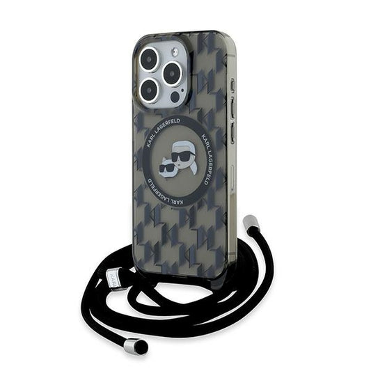 Калъф MagSafe за Apple iPhone 15 Pro Max, Karl Lagerfeld, IML Crossbody Monogram Karl & Choupette's Heads, Черен