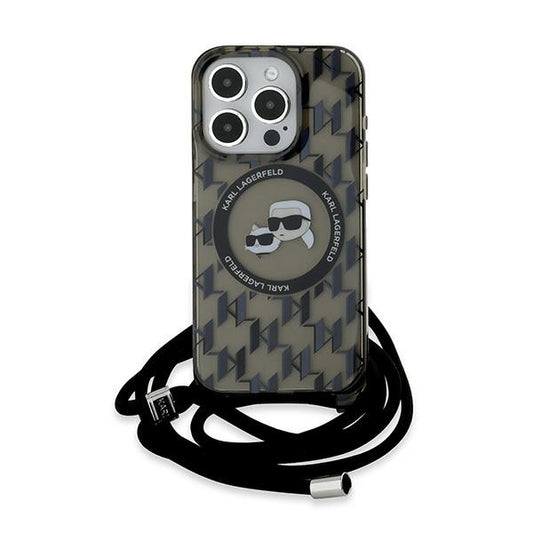 Калъф MagSafe за Apple iPhone 15 Pro Max, Karl Lagerfeld, IML Crossbody Monogram Karl & Choupette's Heads, Черен