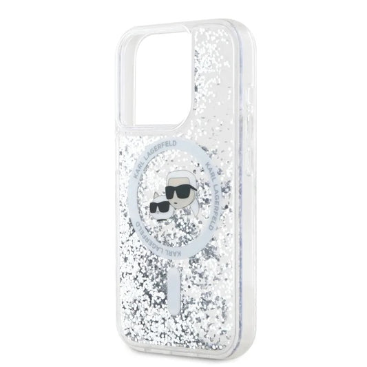 Калъф MagSafe за Apple iPhone 15 Pro Max, Karl Lagerfeld, Liquid Glitter Karl & Choupette's Heads, Прозрачен