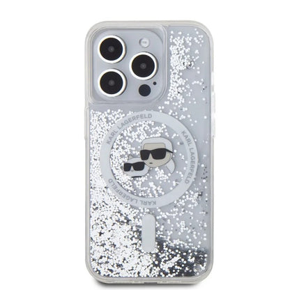 Калъф MagSafe за Apple iPhone 15 Pro Max, Karl Lagerfeld, Liquid Glitter Karl & Choupette's Heads, Прозрачен