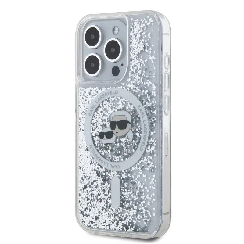 Калъф MagSafe за Apple iPhone 15 Pro Max, Karl Lagerfeld, Liquid Glitter Karl & Choupette's Heads, Прозрачен