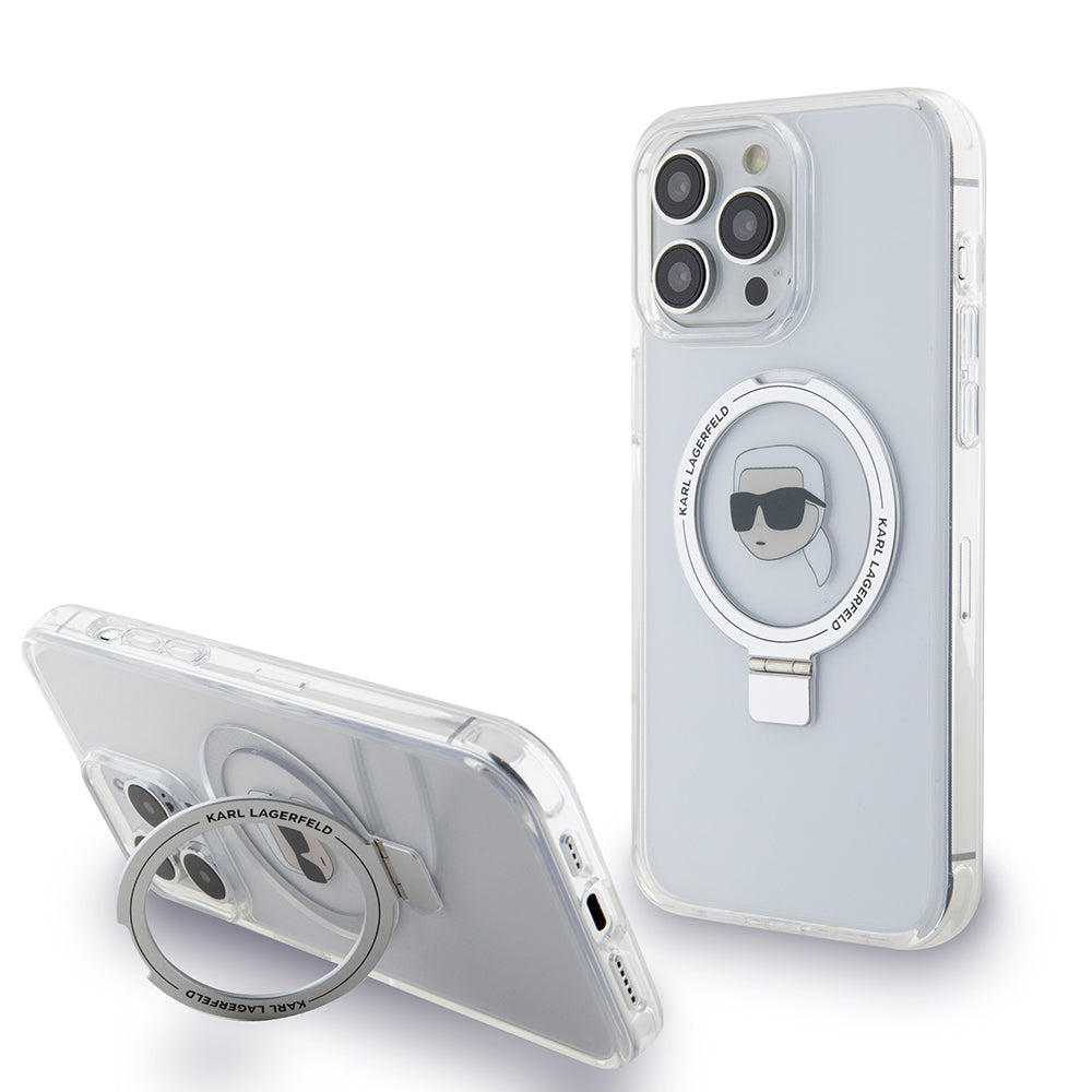 Husa MagSafe за Apple iPhone 15 Pro Max, Karl Lagerfeld, Ring Stand Karl's Head, Бяла